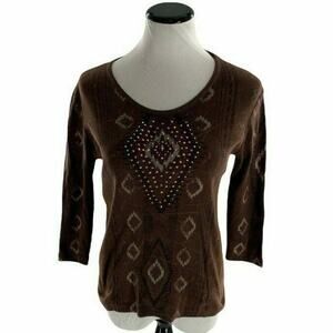 Cactus Bay Apparel T-Shirt Women's Small Brown 3/4 Sleeves Beaded Pullover Tops